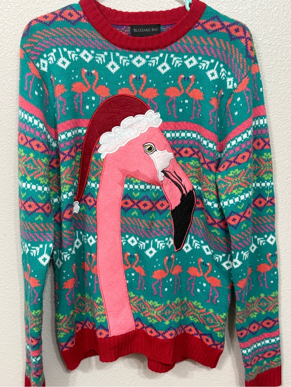Blizzard Bay Flamingo Ugly Christmas Sweater Santa Hat M